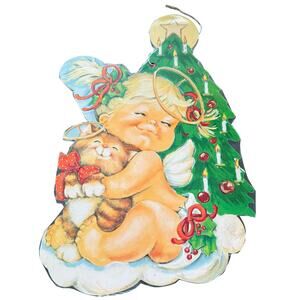 Vintage Eureka USA Baby Christmas Angel Kitty Cat Paper Cut Out 10x16" 2 Sided